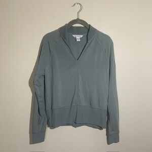 Athleta V-Neck Top Small Blue Grey Sage Textured Knit Long Sleeve Pullover